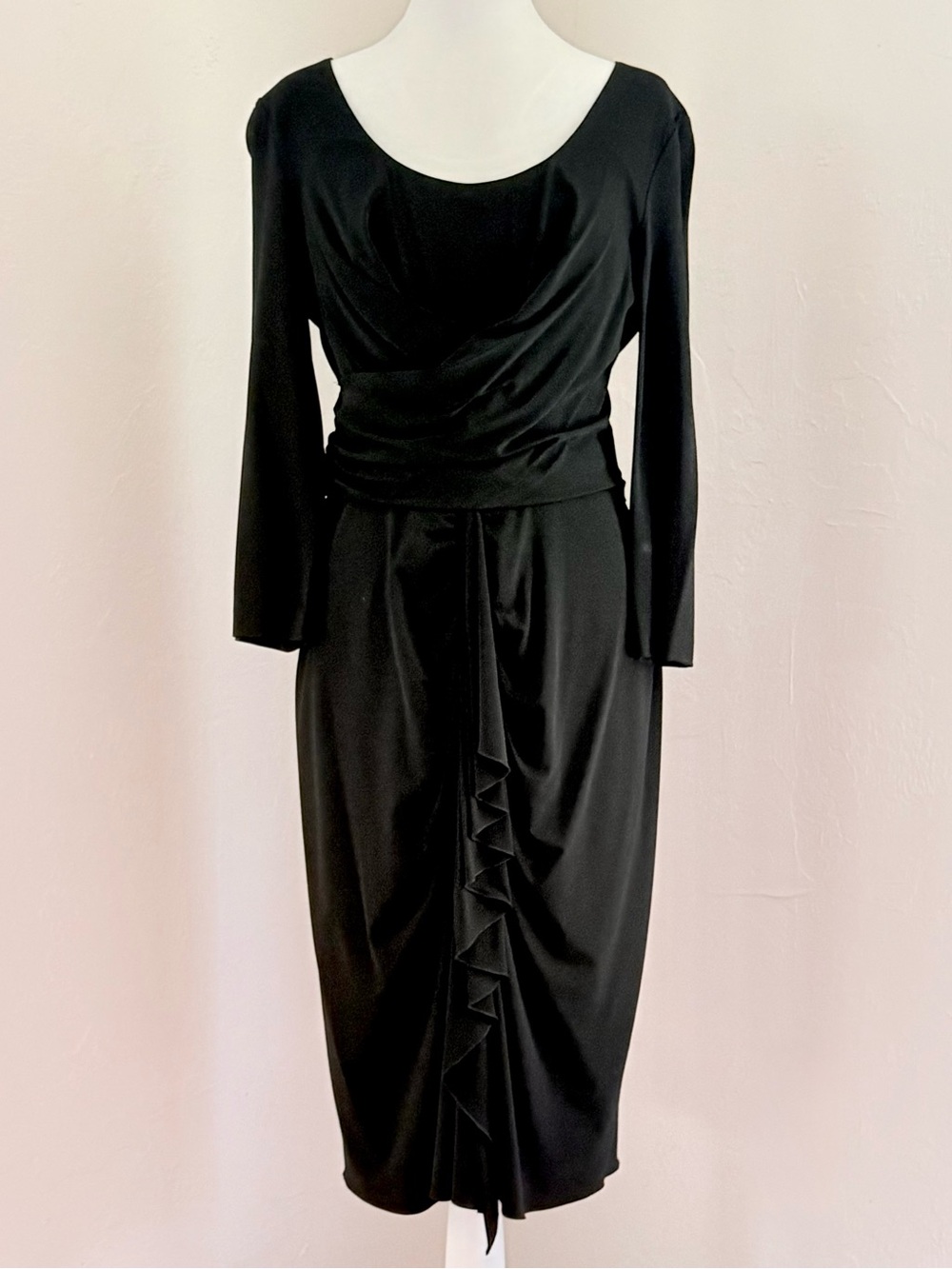 Alberta Ferretti Draped Little Black Midi Dress 3/4 Sleeves Size 46 IT / US 10